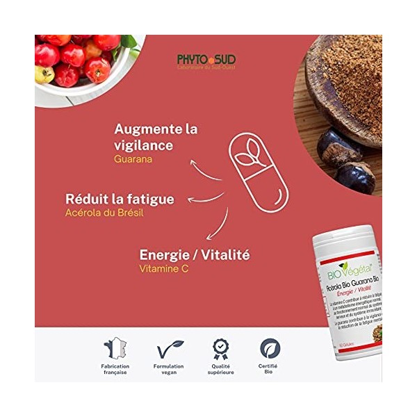 Acerola bio Guarana Bio Gelules - Vitamines C Naturelles Bio - Vigilance et réduction de la fatigue - Complément Alimentaire 