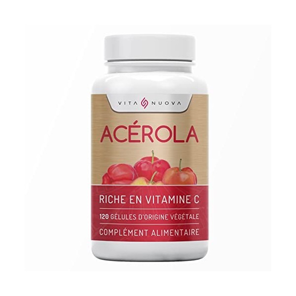 Acérola en gélules - Vitamine C naturelle - 120 gélules - Fabriqué UK 120 Capsules - Bouteille 