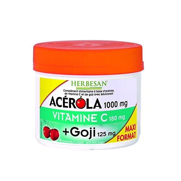 HERBESAN®-ACEROLA 1000 + GOJI-Haute concentration en Vitamine C-Réduction de la fatigue- Acérola naturelle - 90 comprimés à c