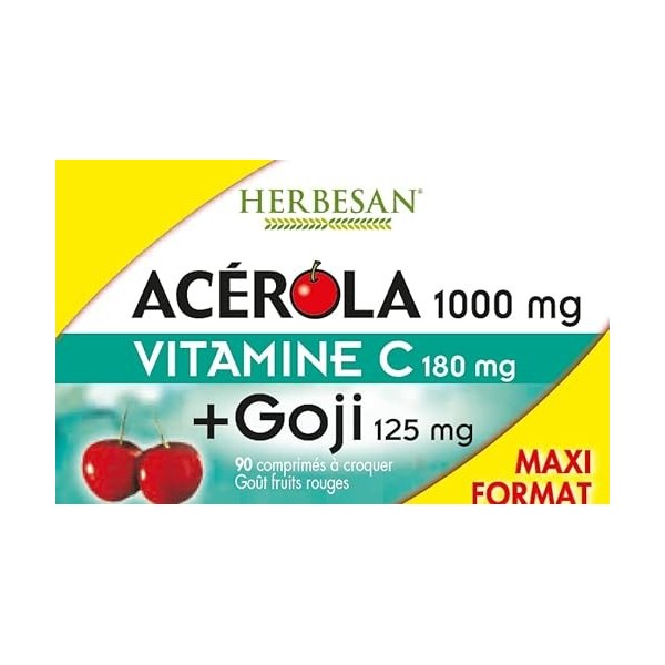 HERBESAN®-ACEROLA 1000 + GOJI-Haute concentration en Vitamine C-Réduction de la fatigue- Acérola naturelle - 90 comprimés à c