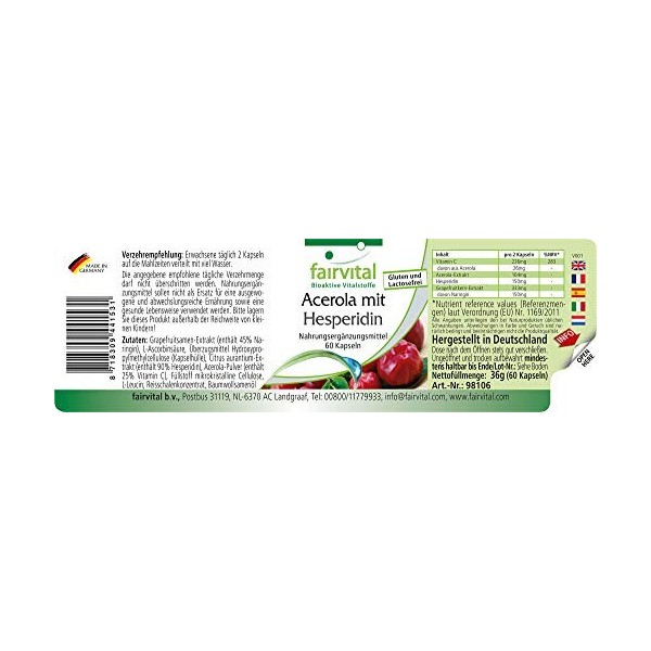 Fairvital | Acerola avec hespéridine - pendant 2 mois - VEGAN - 60 Capsules - avec de Vitamine C et de lextrait de pépins de