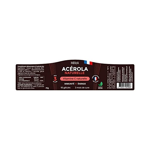 Acérola Bio – Vitamine C Naturelle – Concentré 250% de la VNR – Sans Sucre – Réduit la Fatigue et Renforce l’Immunité – 90 gé