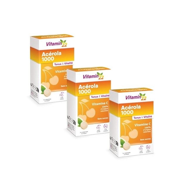 VITAMIN 22 - Acerola 1000 - Complément alimentaire à base dAcérola- Vitamine C 100% dorigine naturelle - Sans sucre - Sans 