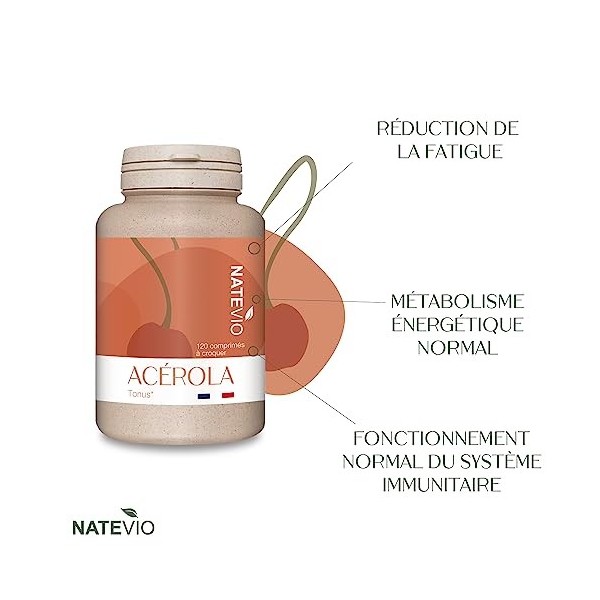 Acérola - Vitamine C naturelle - 120 comprimés à croquer - Cure de 4 mois - Vitalité - 750 mg - Energie - Fabriqué en France 