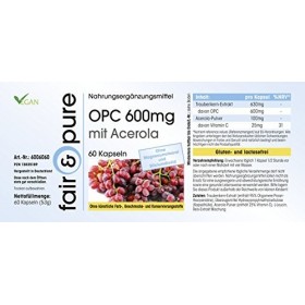 Fair & Pure® - OPC 600mg avec acérola - végan - fort dosage - extrait de pépins de raisin avec vitamine C naturelle - 60 gélu