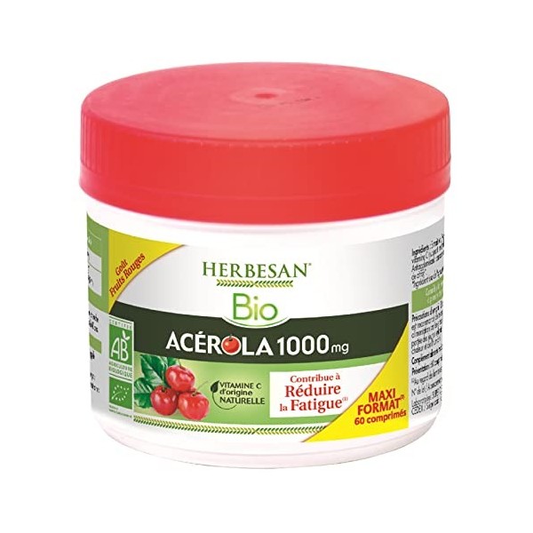 HERBESAN® - ACÉROLA 1000 BIO - Haute concentration en Vitamine C-Réduction de la fatigue -Maxi pot de 60 comprimés à croquer