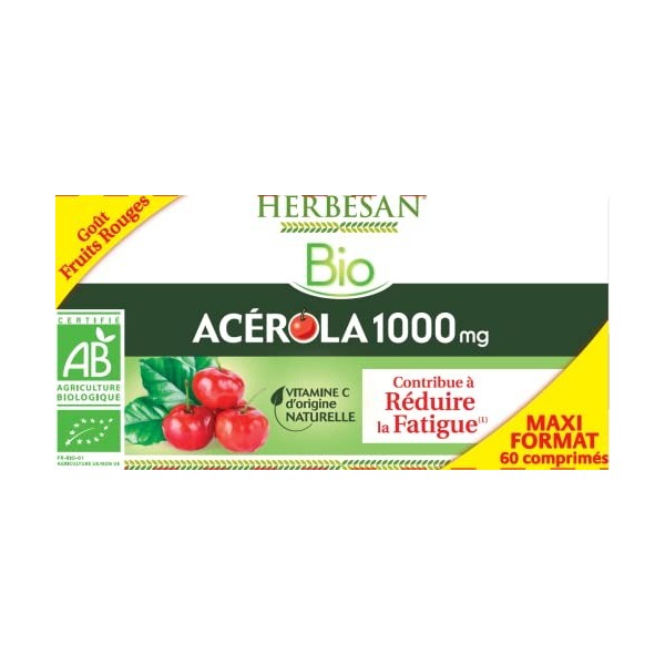 HERBESAN® - ACÉROLA 1000 BIO - Haute concentration en Vitamine C-Réduction de la fatigue -Maxi pot de 60 comprimés à croquer