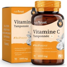 Comprimés de vitamine C 1000mg par Nutritrust® Acide ascorbique d’agrumes & légumes verts – Formule forte et efficace – Contr