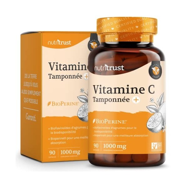 Comprimés de vitamine C 1000mg par Nutritrust® Acide ascorbique d’agrumes & légumes verts – Formule forte et efficace – Contr