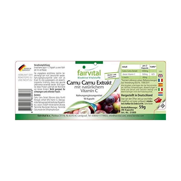 Fairvital | Extrait de Camu Camu - Poudre en gélules - 90 Pièces - VEGAN - Fortement Dosé - Vitamine C naturelle