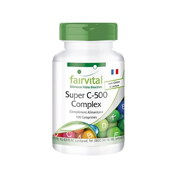 Fairvital | Super C-500 complexe, à Fortement dosé, 500 mg de vitamine C avec des bioflavonoïdes, 100 comprimés végétariens