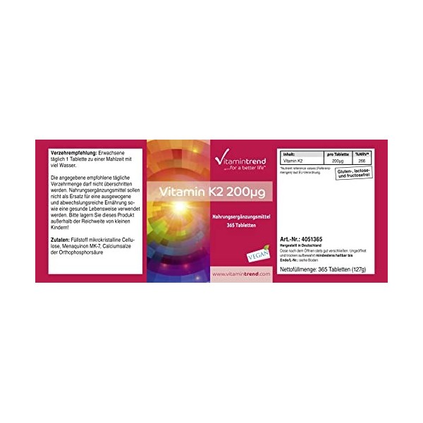 Vitamine K2 200mcg - Ménaquinone MK-7 - Boite de 365 comprimés - fort dosage - ! POUR 1 AN ! - Végan | Vitamintrend®