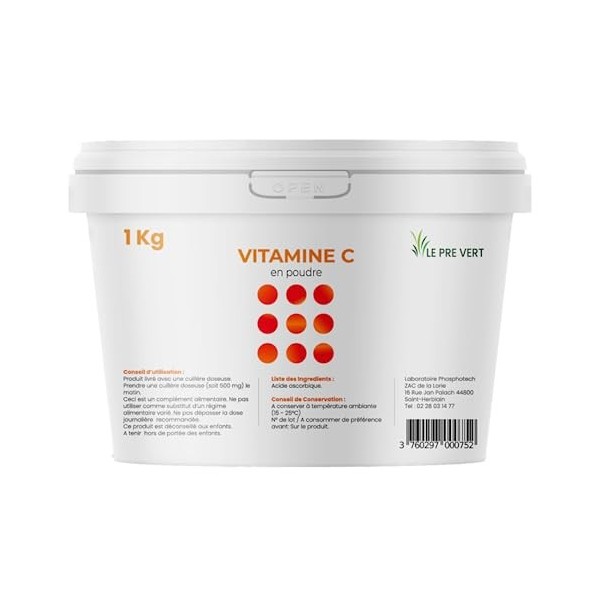 VITAMINE C EN POUDRE 100% pure - Pot 1 KG - Le Pré Vert - Acide L-ascorbique - Energie - Immunité - Antioxydant