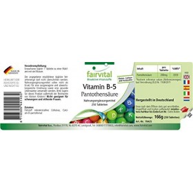 Fairvital | Vitamine B5 pantothénique 200mg acide - 8 mois de cure - VEGAN - Hautement dosé - 250 comprimés