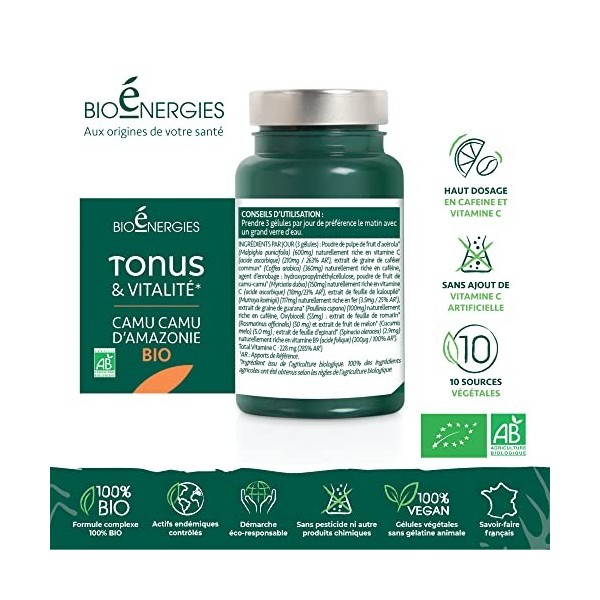 TONUS | Complement Alimentaire Bio Vegan | Vitamine B C Bio | CAMU CAMU | Fer | 45 Gelules Naturelles | BIOENERGIES TONUS 