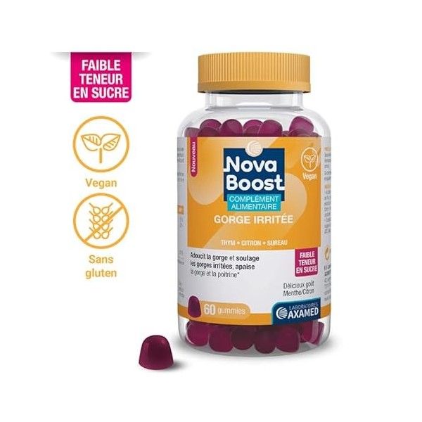 Novaboost - Complément Alimentaire - Gummies Gorge Irritée - Saveur Menthe/Citron Faible Teneur en Sucre - Vegan & Sans Glute