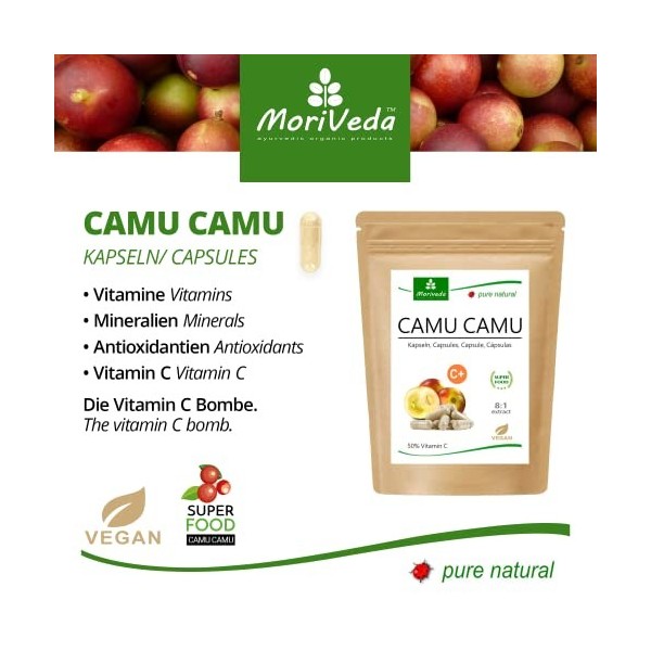 MoriVeda Vitamine C Camu Camu 120pcs 120capsules I Extrait - La bombe vitaminée avec 40x plus de vitamine C que le citron I