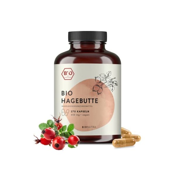 BIONUTRA® Cynorrhodon bio | 270 gélules de 650 mg | Vitamine C naturelle | Agriculture biologique | 100% Églantier bio | Rosa