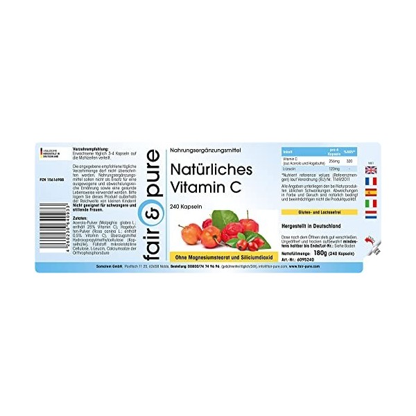 Fair & Pure® - Vitamine C naturelle dacérola et déglantier - végane - 240 gélules