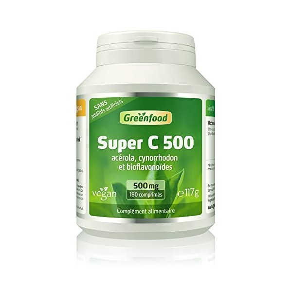 Greenfood Super C, 500 mg de vitamine C, dose élevée, 180 comprimés - avec acerola, pointe de rose et bioflavonoïdes, aide à 