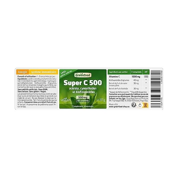 Greenfood Super C, 500 mg de vitamine C, dose élevée, 180 comprimés - avec acerola, pointe de rose et bioflavonoïdes, aide à 