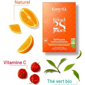 Kusmi Tea - Rituel Défenses Immunitaires bio - Thé Vert Bio enrichi à la vitamine C, à lAcérola et lOrange - Cure de 28 jou