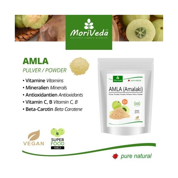 MoriVeda - Poudre dAmla 250g Bombe vitaminée qualité premium - Produit 100% naturel avec vitamine C, chrome, minéraux, pro