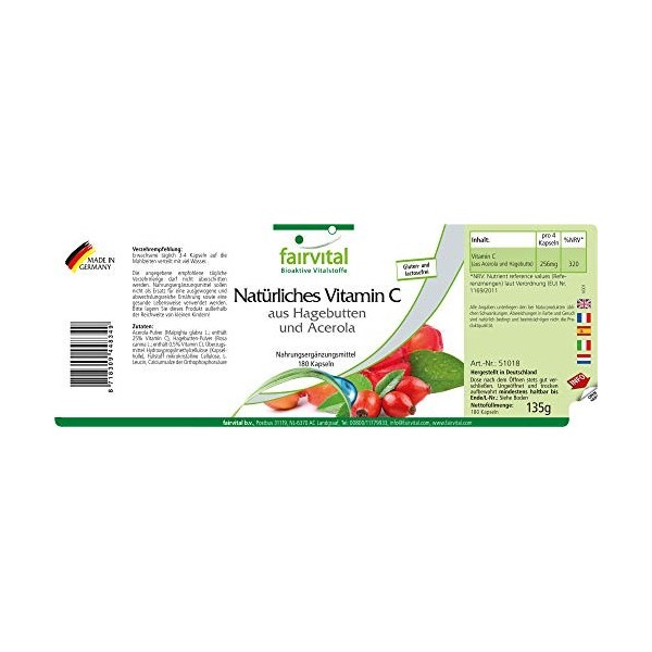 Fairvital | Vitamine C Naturelle issu de Cynorrhodon et Acérola - 256mg de Vitamine C - 180 gélules