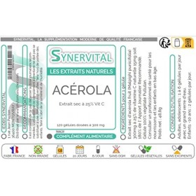Acérola Extrait naturel à 25% de Vitamine C Synervital 120 gélules dosées à 300mg - Complément alimentaire - Fabriqué en fran
