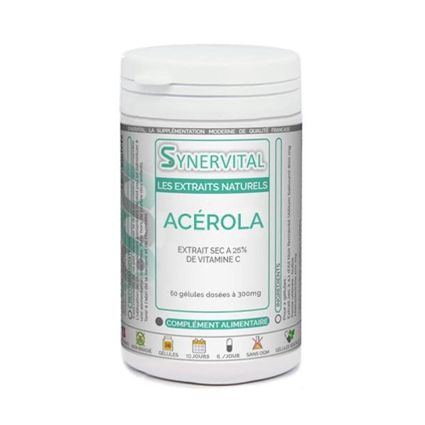 Acérola Extrait naturel à 25% de Vitamine C Synervital 60 gélules dosées à 300mg - Complément alimentaire - Fabriqué en franc