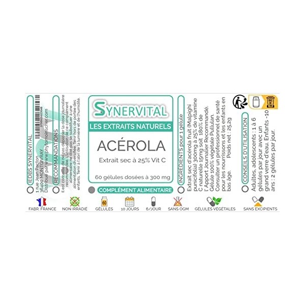 Acérola Extrait naturel à 25% de Vitamine C Synervital 60 gélules dosées à 300mg - Complément alimentaire - Fabriqué en franc