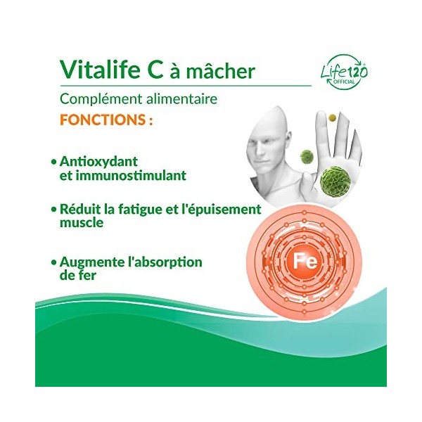Life 120 - Vitalife C - 90 comprimés à croquer Complément alimentaire de vitamine C à libération prolongée