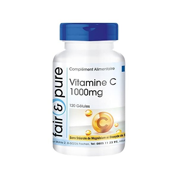 Fair & Pure® - Vitamine C 1000 mg - 120 gélules - tamponnée, hautement dosée et biodisponible - végétalien - fabrication de q