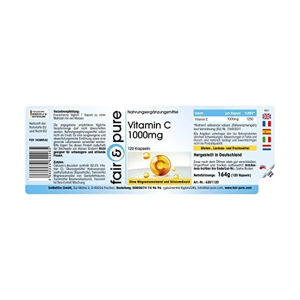 Fair & Pure® - Vitamine C 1000 mg - 120 gélules - tamponnée, hautement dosée et biodisponible - végétalien - fabrication de q