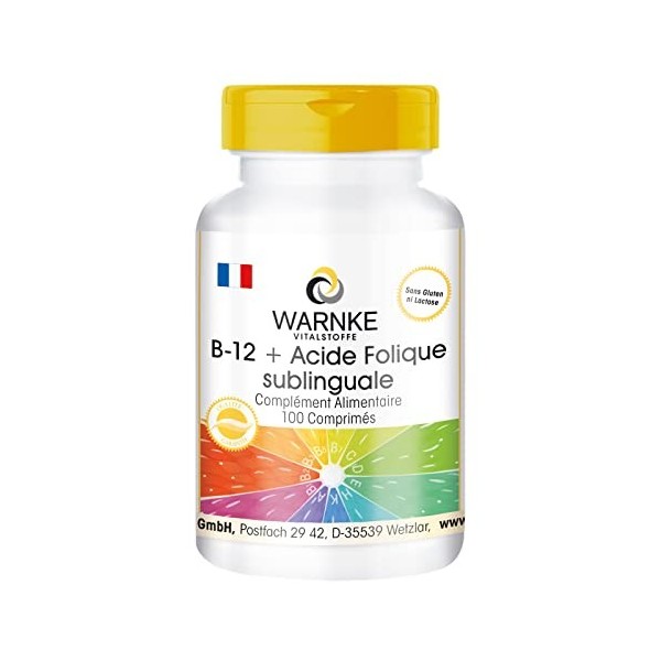 B-12 + acide folique sublingual - 100 comprimés avec acérola de notre propre fabrication - qualité pharmacie allemande - haut