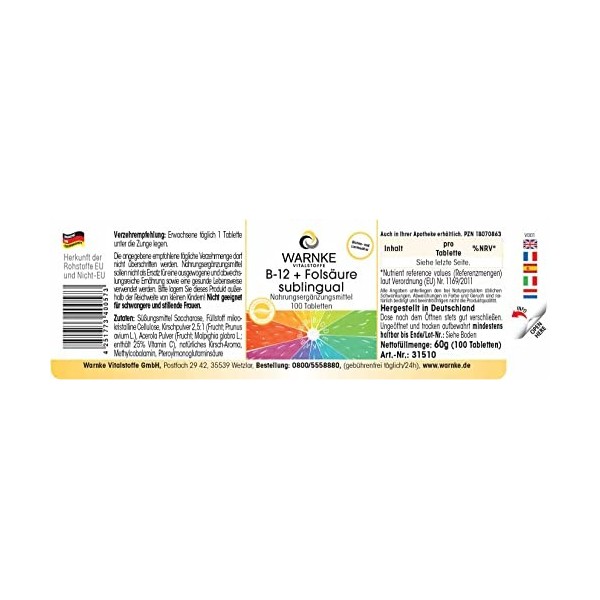 B-12 + acide folique sublingual - 100 comprimés avec acérola de notre propre fabrication - qualité pharmacie allemande - haut