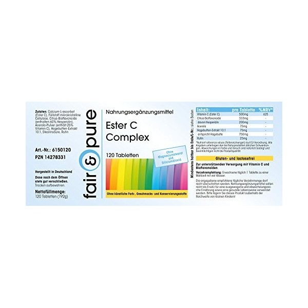 Fair & Pure® - Ester C Complex - avec 500mg de Vitamine C, 333mg de Bioflavonoïdes & Acérola - 120 comprimés