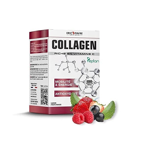 COLLAGENE MARIN + VITAMINE C - Collagène Labellisé Type I, Mobilité et Energie, Antioxydant, 10 sachets saveur Fruits Rouges 