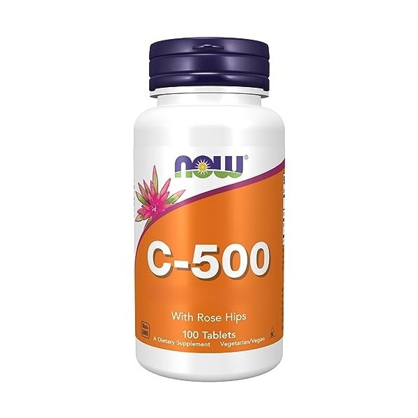 Now Foods, C-500, Vitamin C, 500mg, Acide L-Ascorbique, avec Églantier, 100 Comprimés végétaliens, Testé en Laboratoire, Sans