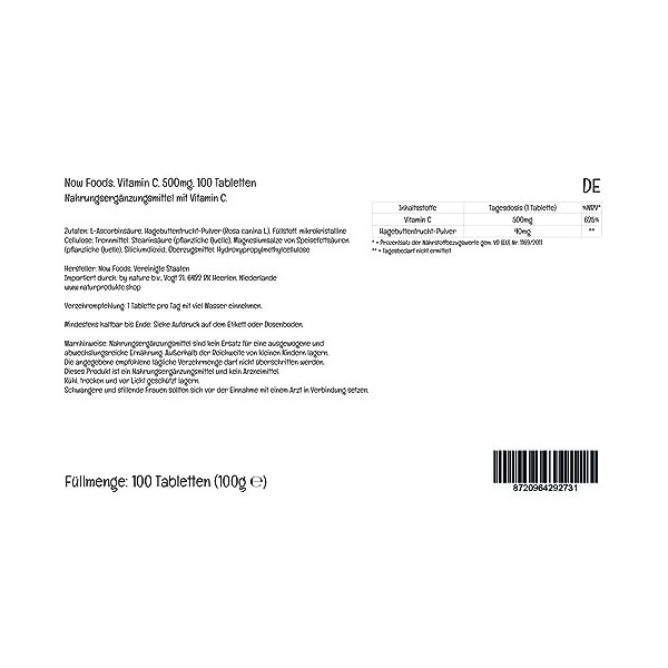 Now Foods, C-500, Vitamin C, 500mg, Acide L-Ascorbique, avec Églantier, 100 Comprimés végétaliens, Testé en Laboratoire, Sans