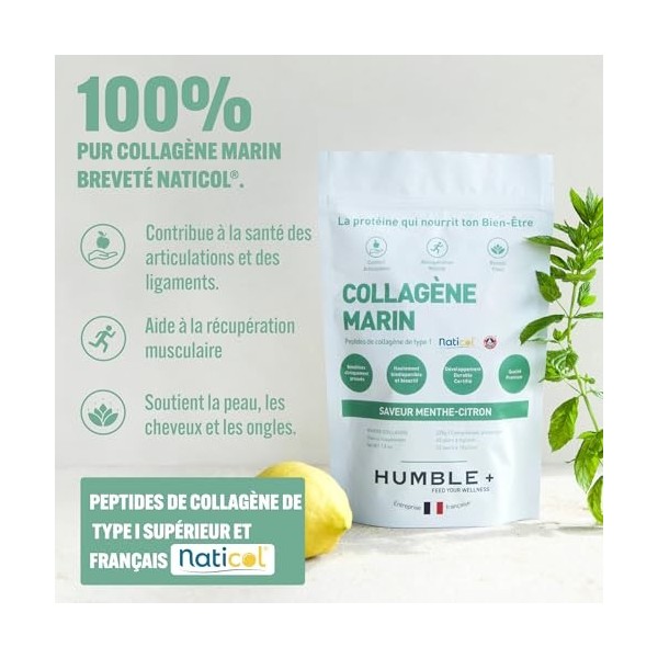 Collagène Marin Naticol® en poudre - Sachet de 225g - Goût Menthe et Citron - Confort articulaire, Récupération musculaire et