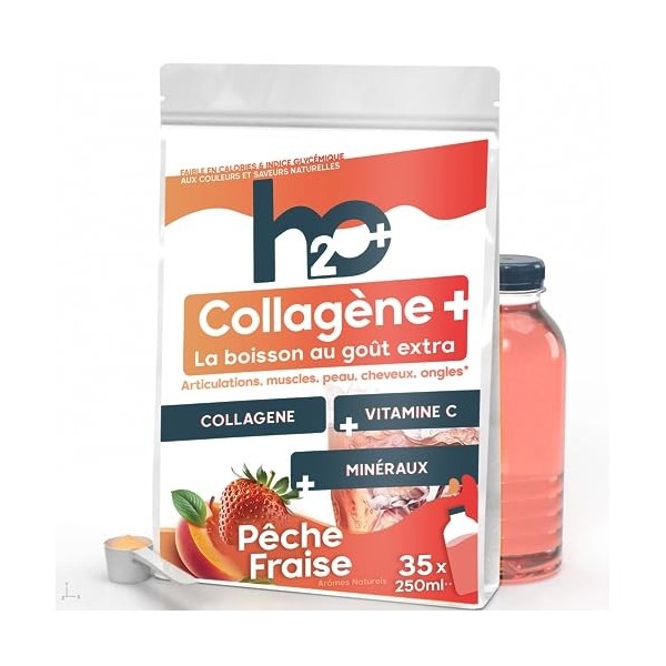 h2o+ Collagène + | Type 1 et 2 | 35 boissons | 8,75L | Peau et Articulations | Collagène et Vitamine C | Format Poudre à méla