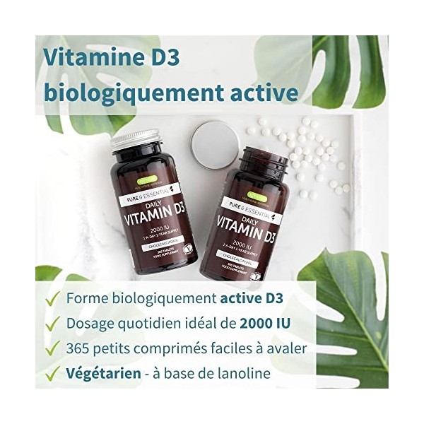 Pure & Essential Vitamine D3 Quotidienne 2000iu Cholécalciférol, 1 par jour, 1 an d’approvisionnement, végétarien, 365 petits