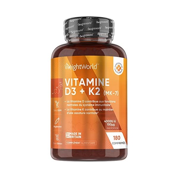 Vitamine D3 K2 MK7 Dosage Élevé, Vitamine D3 4000 UI + Vitamine K2 MK7 100μg, 180 Micro Comprimés Végétarien - 1 Comprimé T