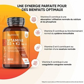 Vitamine D3 K2 MK7 Dosage Élevé, Vitamine D3 4000 UI + Vitamine K2 MK7 100μg, 180 Micro Comprimés Végétarien - 1 Comprimé T