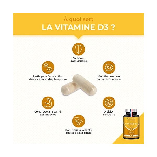 VITAMINE D3 – 100% Pure – 2000 UI – 1000% des Apports Journaliers – Santé des Os & des Dents - Immunité - 60 Gélules – Nutrim