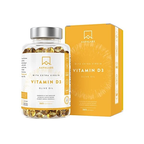 Vitamine D3 Naturelle Haute Concentration 5000 UI avec Huile d’Olive Extra Vierge pour Absorption Optimale et les Fonctions O