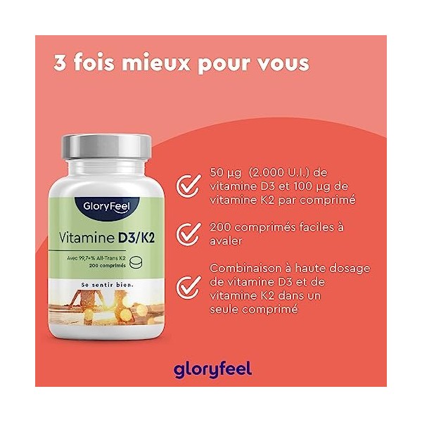 Vitamine D3 2000 UI + K2 100 µg par Comprimé, 200 Comprimés Approvsionnement de 6 mois , Vitamin D3 K2 Fortement Dosée, Cont