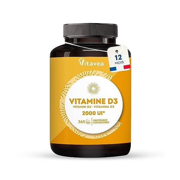 Vitamine D3 2000 UI - Complément Alimentaire Défenses naturelles, Immunité, Santé des Os et Muscles - Haute Concentration - 3