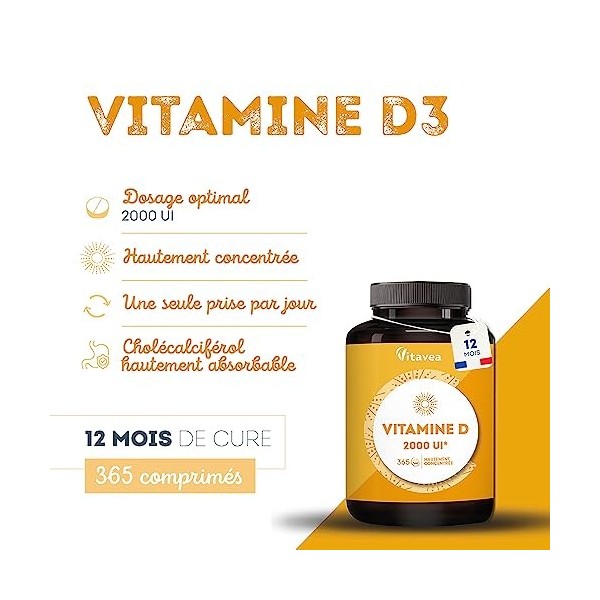 Vitamine D3 2000 UI - Complément Alimentaire Défenses naturelles, Immunité, Santé des Os et Muscles - Haute Concentration - 3